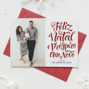 Tarjeta Festiva Foto de Navidades de caligrafía de Red Feliz Natal