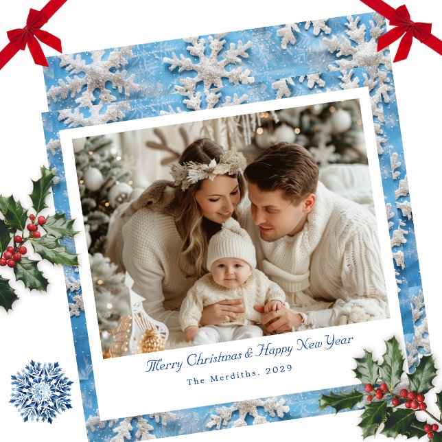 Tarjeta Festiva Foto de Navidades de copos de nieve azul (Blue Snowflake Square Christmas Card )