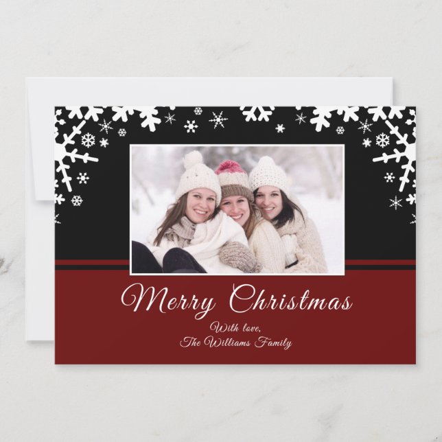 Tarjeta Festiva Foto de Navidades de copos de nieve blancos negros (Anverso)