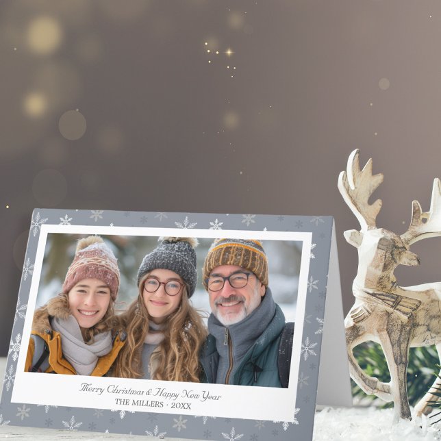 Tarjeta Festiva Foto de Navidades de copos de nieve grises (Vintage Grey Snowflakes Christmas photo Holiday Card)