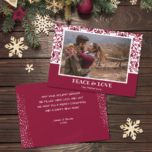 Tarjeta Festiva Foto de Navidades de Cranberry y Damask blancos