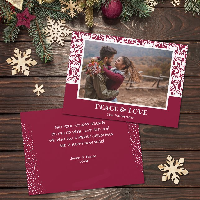 Tarjeta Festiva Foto de Navidades de Cranberry y Damask blancos (Cranberry and white damask design Christmas photo holiday cards, PRINTED and/or INSTANT DOWNLOAD)