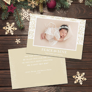 Tarjeta Festiva Foto de Navidades de Damasco blanco y crema