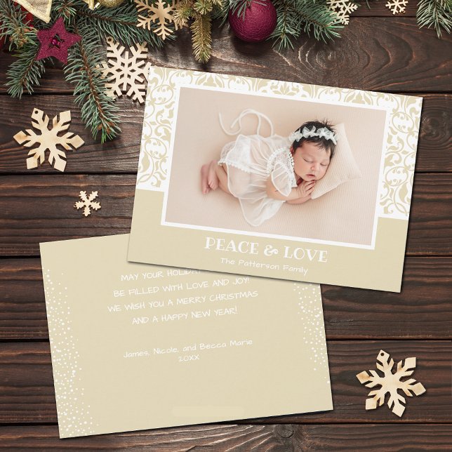 Tarjeta Festiva Foto de Navidades de Damasco blanco y crema (Cream and white damask design Christmas photo holiday cards, PRINTED and/or INSTANT DOWNLOAD)