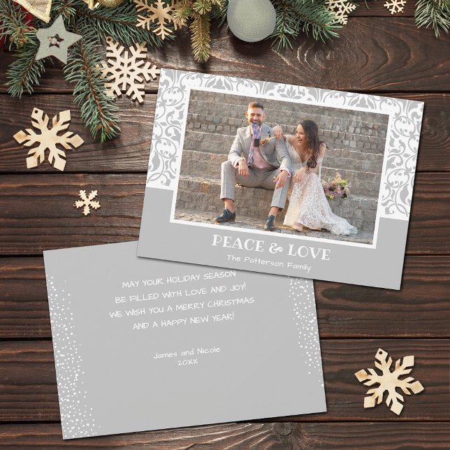 Tarjeta Festiva Foto de Navidades de Damasco blancos y plateados (Silver grey and white damask design Christmas photo holiday cards, PRINTED and/or INSTANT DOWNLOAD)