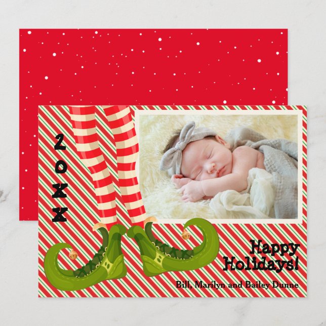 Tarjeta Festiva Foto de Navidades de Elf Legs (Anverso / Reverso)