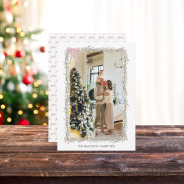 Tarjeta Festiva Foto de Navidades de Green Garland de color rosa