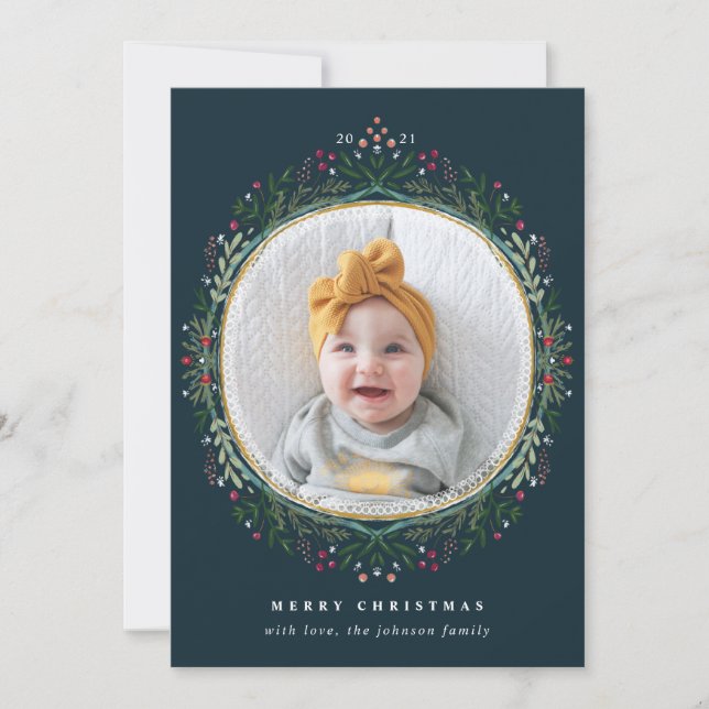 Tarjeta Festiva Foto de Navidades de guirnaldas de flores silvestr (Anverso)