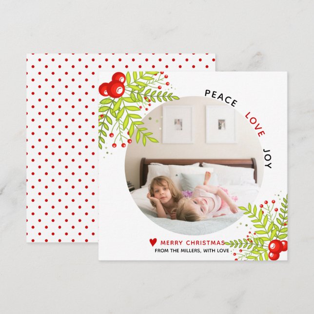 Tarjeta Festiva Foto de Navidades de Holly berry Peace Love Joy (Anverso / Reverso)