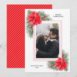 Tarjeta Festiva Foto de Navidades de la poinsettia roja y del pino