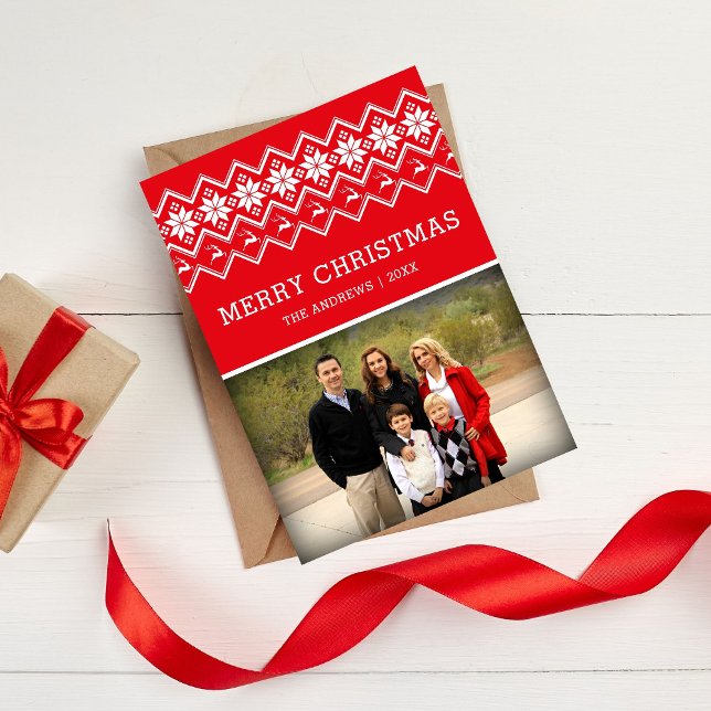 Tarjeta Festiva Foto de Navidades de patrones nórdicos rojos (Subido por el creador)