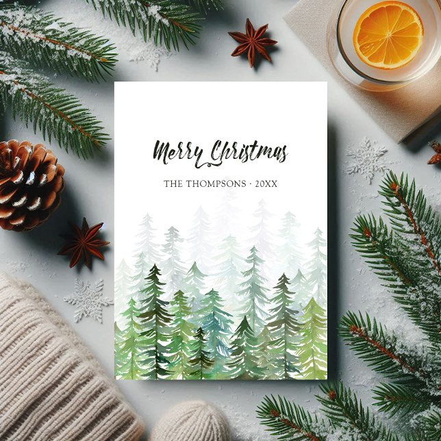 Tarjeta Festiva Foto de Navidades de pinos acuarelas (Watercolor Pine Trees Christmas Photo Holiday Card)