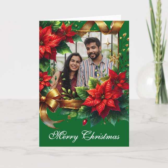Tarjeta Festiva Foto de Navidades de Poinsettia (Anverso)