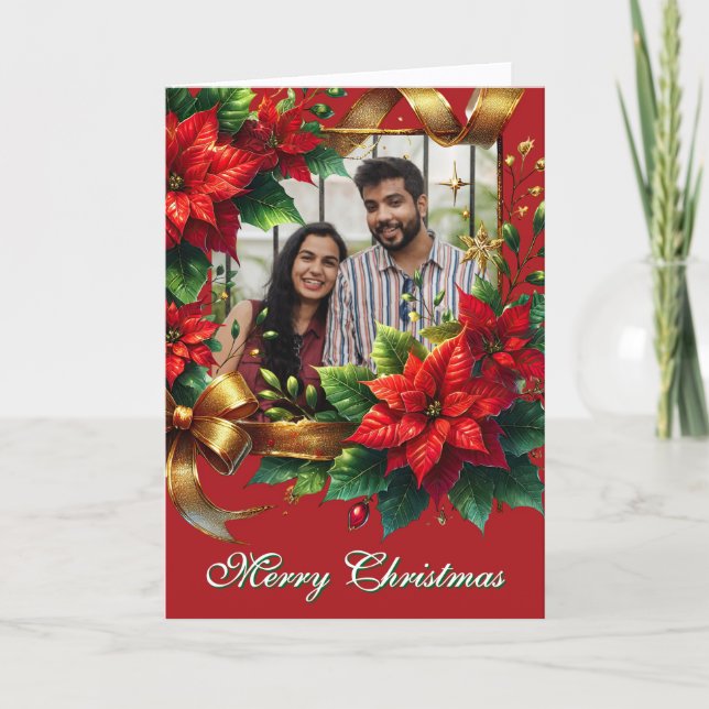 Tarjeta Festiva Foto de Navidades de Poinsettia Roja (Anverso)