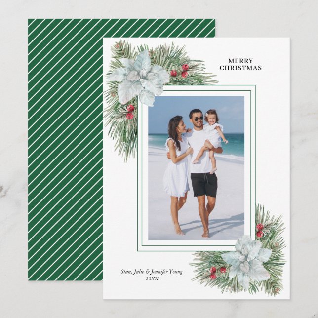 Tarjeta Festiva Foto de Navidades de punción y pinos blancos (Anverso / Reverso)