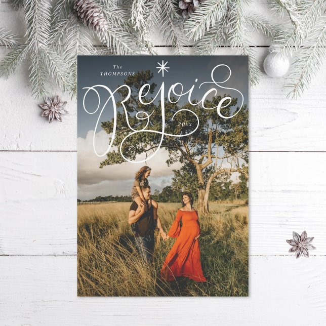Tarjeta Festiva Foto de Navidades de Rejoice con letras de mano (Subido por el creador)