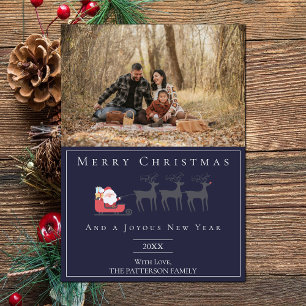 Tarjeta Festiva Foto de Navidades de Santa Claus Sleigh Azul