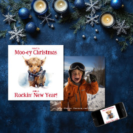Tarjeta Festiva Foto de Navidades de Snowboard en Highland Cow
