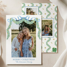 Tarjeta Festiva Foto de Navidades de Watercolor Blue Bow Fruit Gar