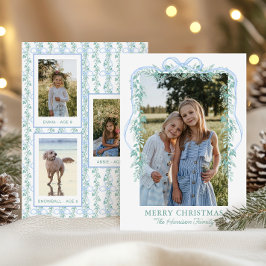 Tarjeta Festiva Foto de Navidades de Watercolor Blue Bow Garland