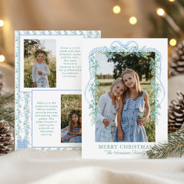 Tarjeta Festiva Foto de Navidades de Watercolor Blue Bow Garland