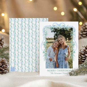 Tarjeta Festiva Foto de Navidades de Watercolor Blue Bow Garland