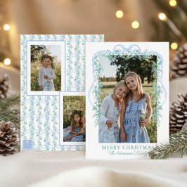 Tarjeta Festiva Foto de Navidades de Watercolor Blue Bow Garland