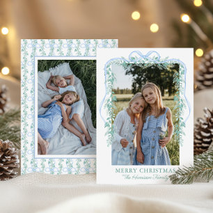 Tarjeta Festiva Foto de Navidades de Watercolor Blue Bow Garland