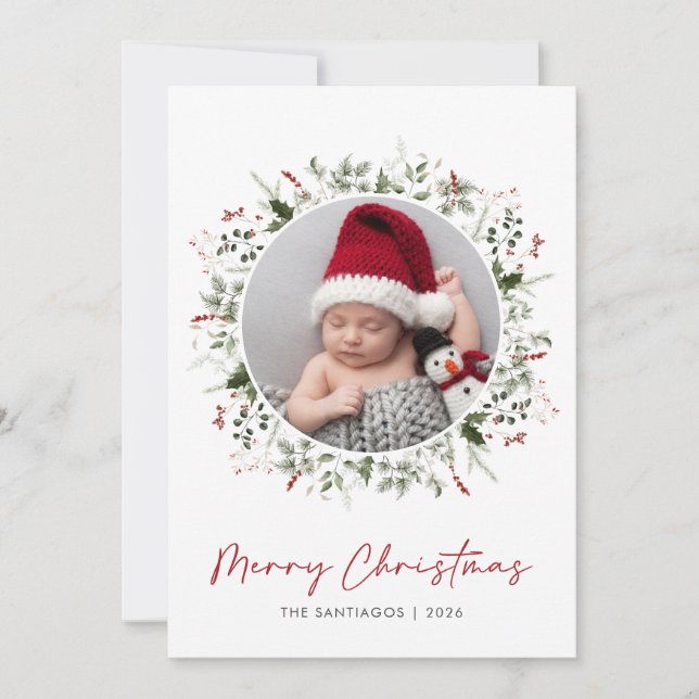 Tarjeta Festiva Foto de Navidades de Wreath de la vegetación botán (Anverso)