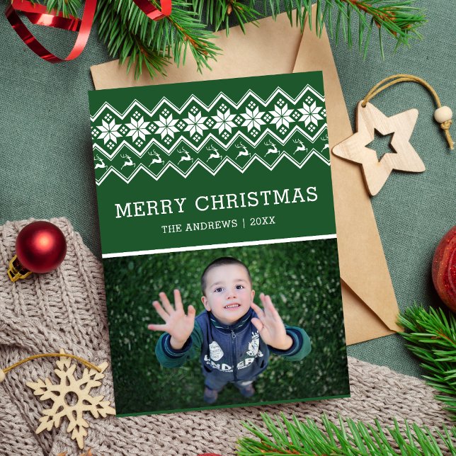 Tarjeta Festiva Foto de Navidades del patrón nórdico verde (Subido por el creador)