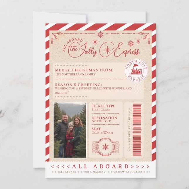 Tarjeta Festiva Foto de Navidades del Ticket North Pole Express (Anverso)