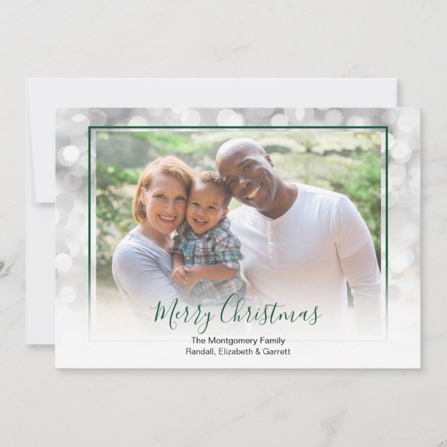 Tarjeta Festiva Foto de Navidades enmarcados verde de Bokeh blanco (Anverso)