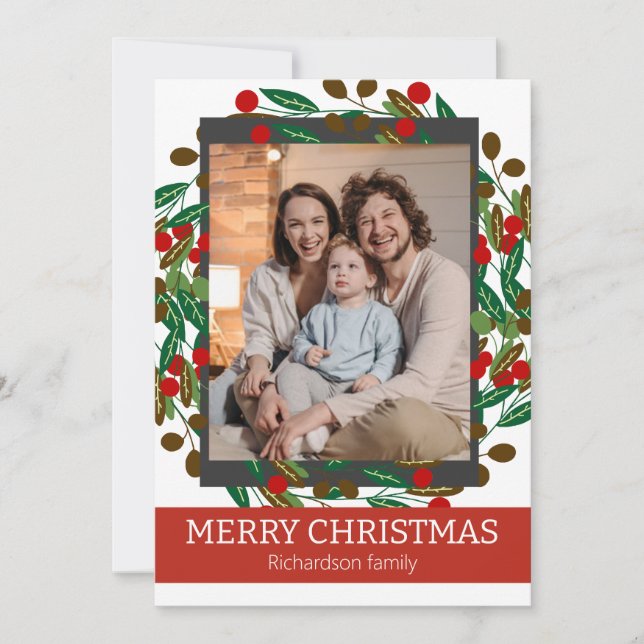 Tarjeta Festiva Foto de Navidades familiares elegantes de Floral W (Anverso)