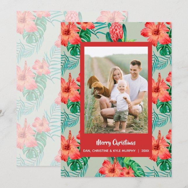 Tarjeta Festiva Foto de Navidades florales tropicales rojos (Anverso / Reverso)