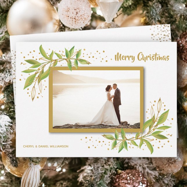 Tarjeta Festiva Foto de Navidades Gold Green Floral (Subido por el creador)