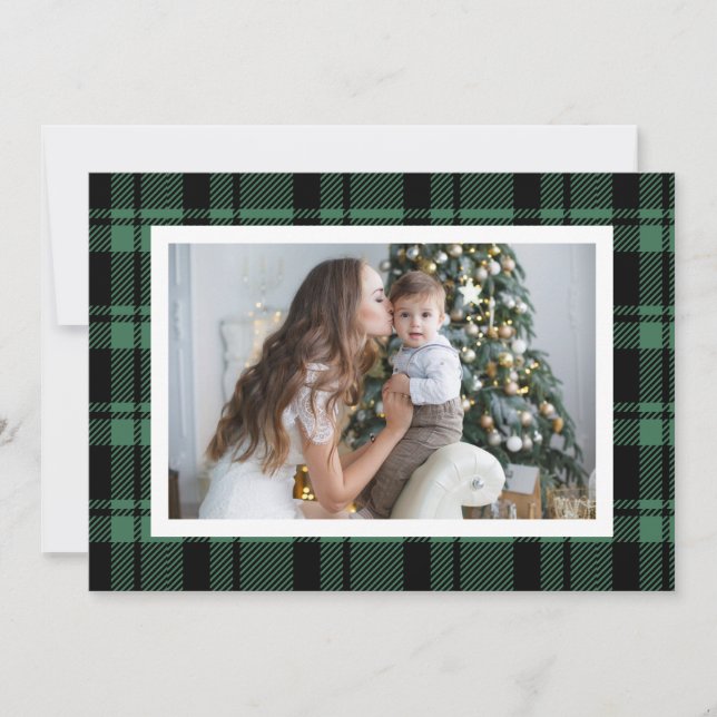 Tarjeta Festiva Foto de Navidades Green Buffalo Plaid (Anverso)