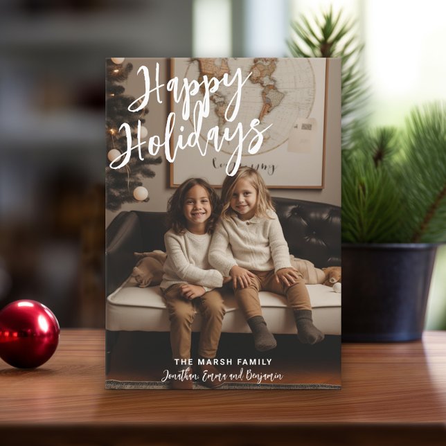 Tarjeta Festiva Foto de Navidades manuscritos Gray Plaid Happy (Modern Christmas Card with Photos)