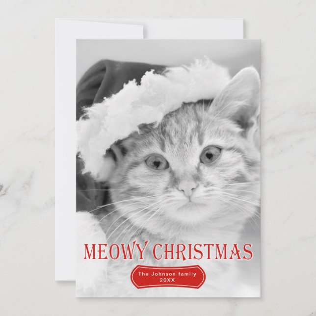Tarjeta Festiva Foto de Navidades mascotas de gato rojo de Meowy N (Anverso)
