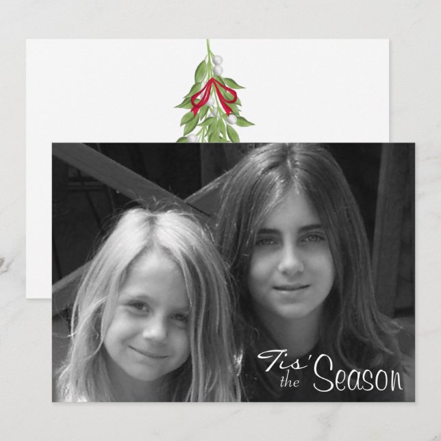 Tarjeta Festiva Foto de Navidades Mistletoe Rojos y Verdes (Anverso / Reverso)
