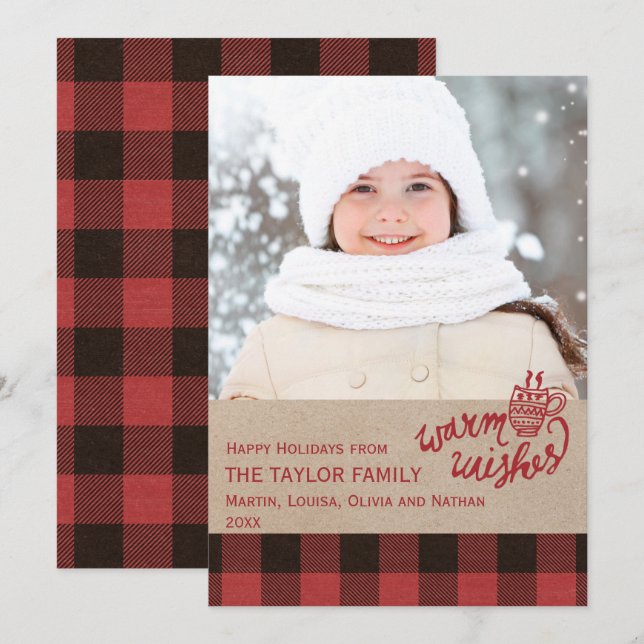Tarjeta Festiva Foto de Navidades Red Buffalo Plaid (Anverso / Reverso)