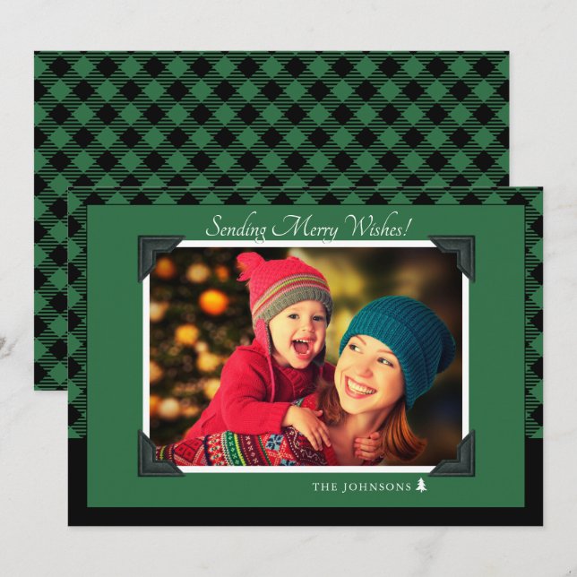 Tarjeta Festiva Foto de Navidades Retro Green Buffalo Check (Anverso / Reverso)