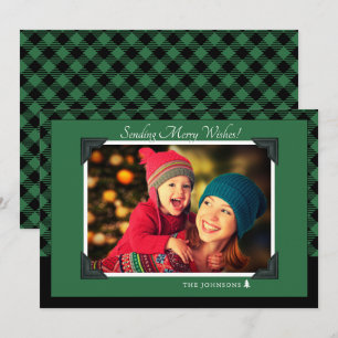 Tarjeta Festiva Foto de Navidades Retro Green Buffalo Check