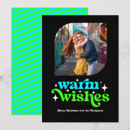 Tarjeta Festiva Foto de Navidades Retro Verde Azul Eléctrico y Neó