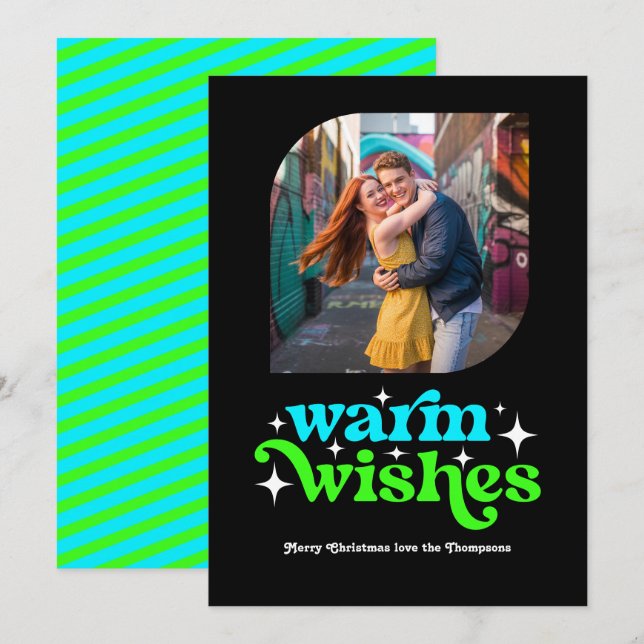 Tarjeta Festiva Foto de Navidades Retro Verde Azul Eléctrico y Neó (Anverso / Reverso)