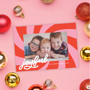 Tarjeta Festiva Foto de Navidades rojos rosados Mod Wavy Retro