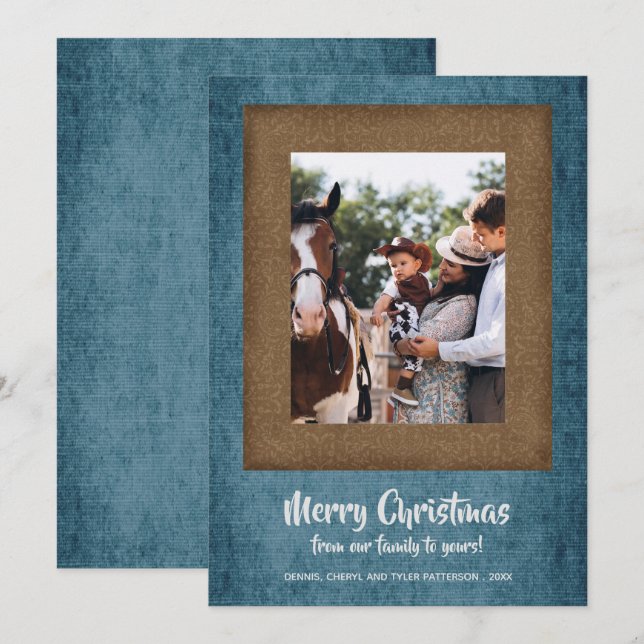 Tarjeta Festiva Foto de Navidades rusos de Denim y Damask de Brown (Anverso / Reverso)