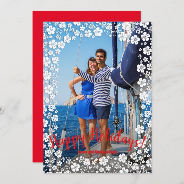 Tarjeta Festiva Foto de Navidades tropicales florales (Anverso / Reverso)