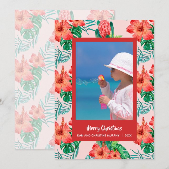 Tarjeta Festiva Foto de Navidades tropicales florales (Anverso / Reverso)