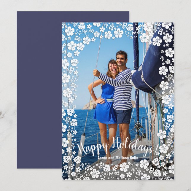 Tarjeta Festiva Foto de Navidades tropicales florales (Anverso / Reverso)