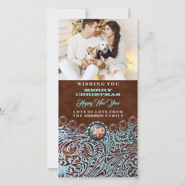 Tarjeta Festiva foto de Navidades turquesa de países occidentales (Anverso)